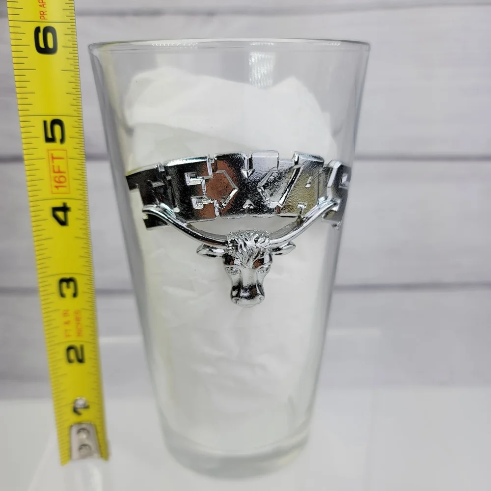 Texas Longhorn Bull Glass Pint Beer Mug with Silver Metal Accent.